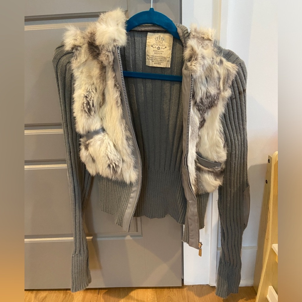 Chesley Gray Cardigan with Luxurious Fur Trim
